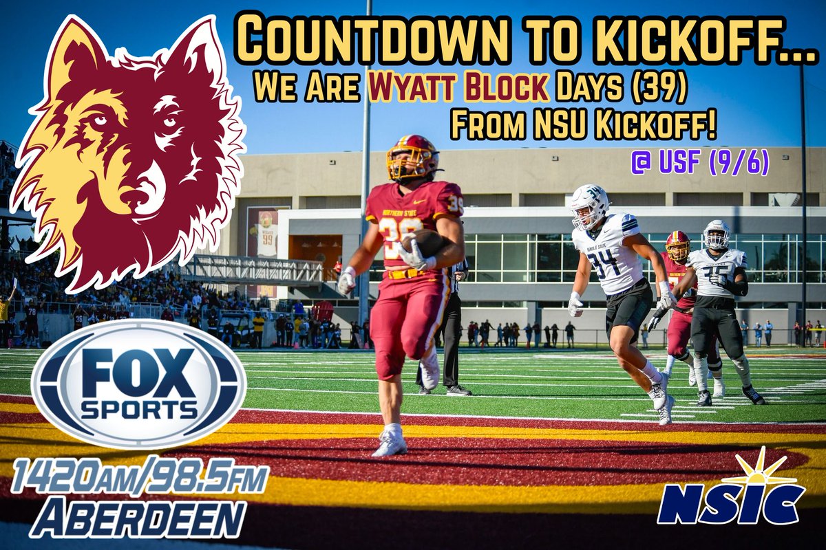 Countdown to kickoff continues for <a href="/NSUWolves_FB/">Northern State Football🐺 🏈</a>! We are <a href="/WyattWblock01/">Wyatt Block</a> days (39) from kickoff. The grad student from Mankato West HS scored a career high 6 TD's in '24 [led team] + ran for a career best 563 yards. He's entering his final year in the Wolves backfield.