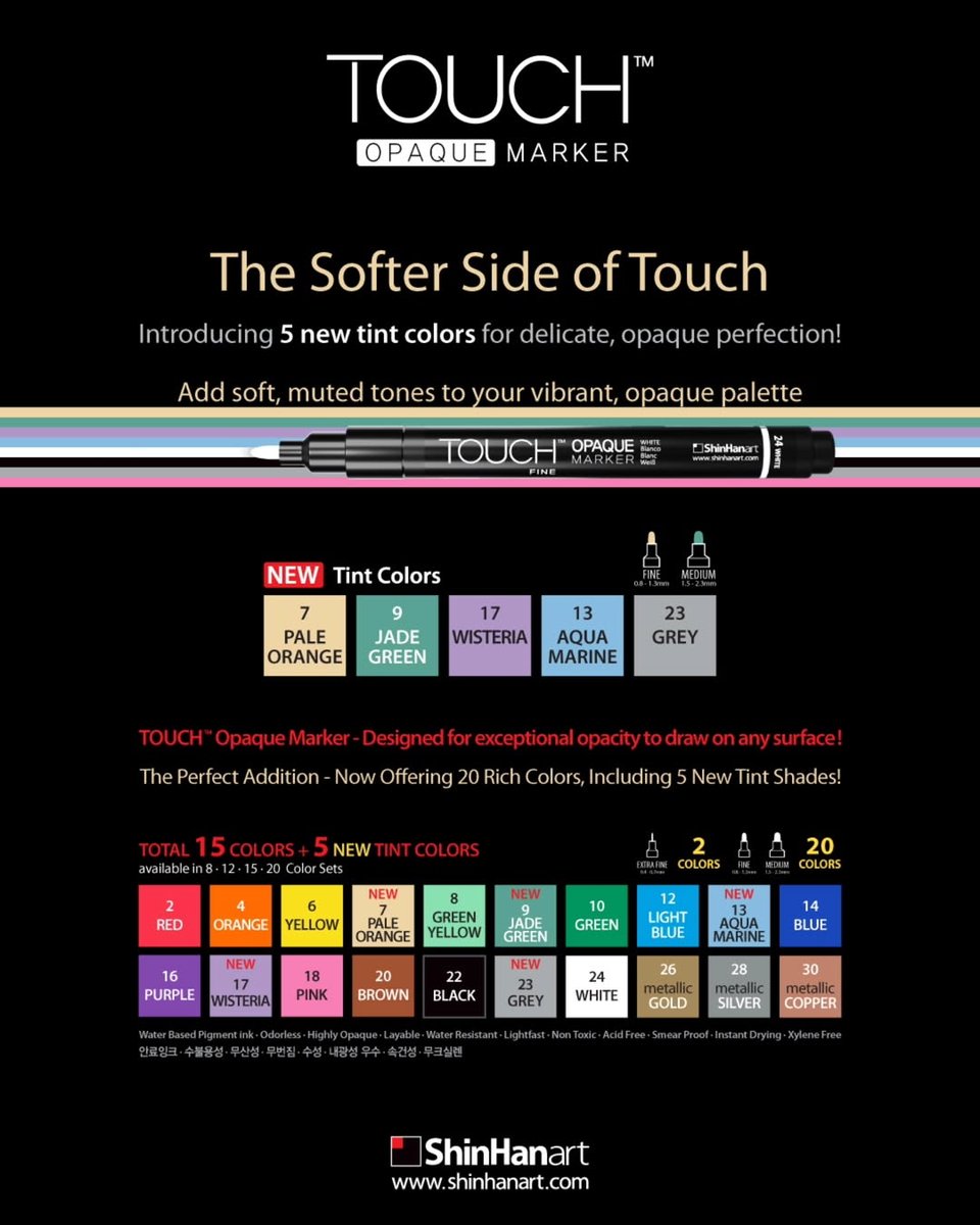 Available in 2 nib sizes of Fine &amp; Medium.
12 basic, 3 metallic &amp; 5 newly added soft pastel TINTS. 

They are available in 2 nib sizes of Fine &amp; Medium.

Use on all kinds of surfaces!

Learn more @ shinhanart.com
#ShinHanArt #TOUCH #markers #illustration #art #drawing