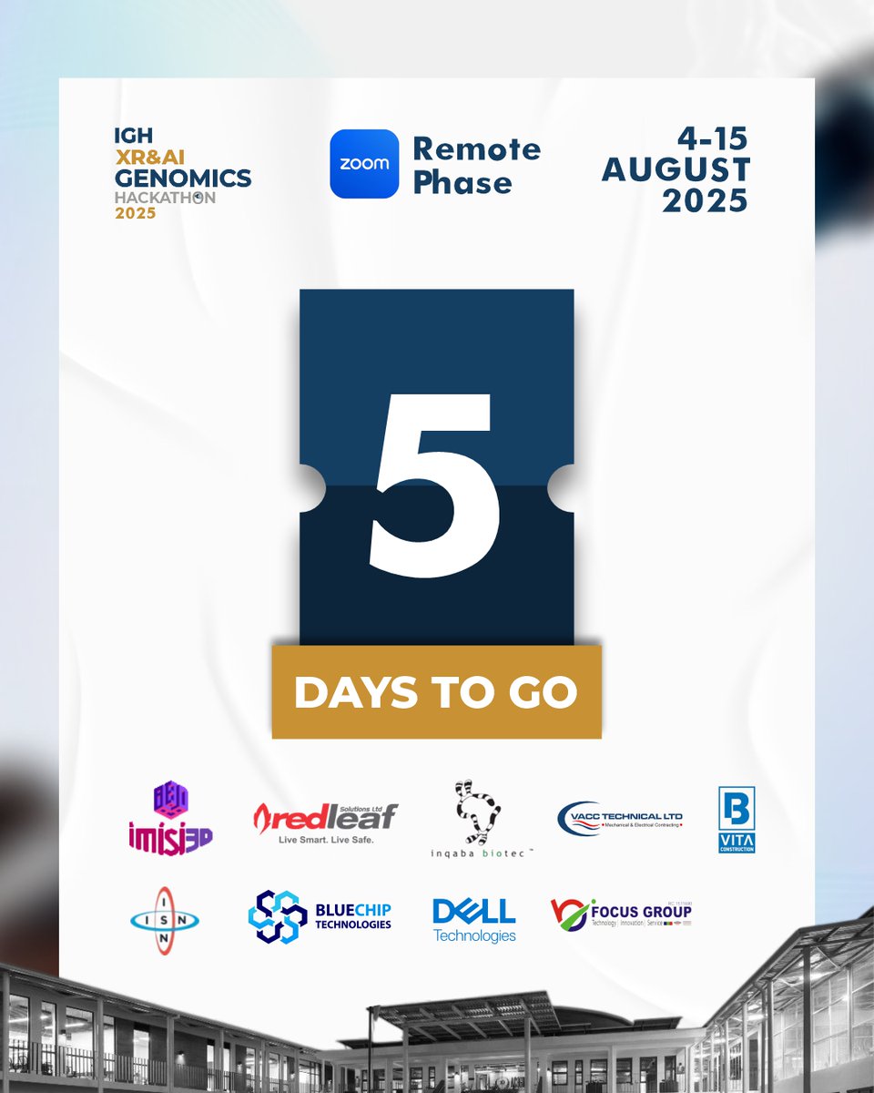 Hackathon starts in 5 days! 

Are you an undergrad into BioSci, Design, XR/VR, or 3D Art? 

Apply FREE by August 1 to shape Africa’s future in Genomics Education! 

👉 lnkd.in/dMXuUMRD

#IGHresearch #AI #hackathon #genomics #africa #xr #research