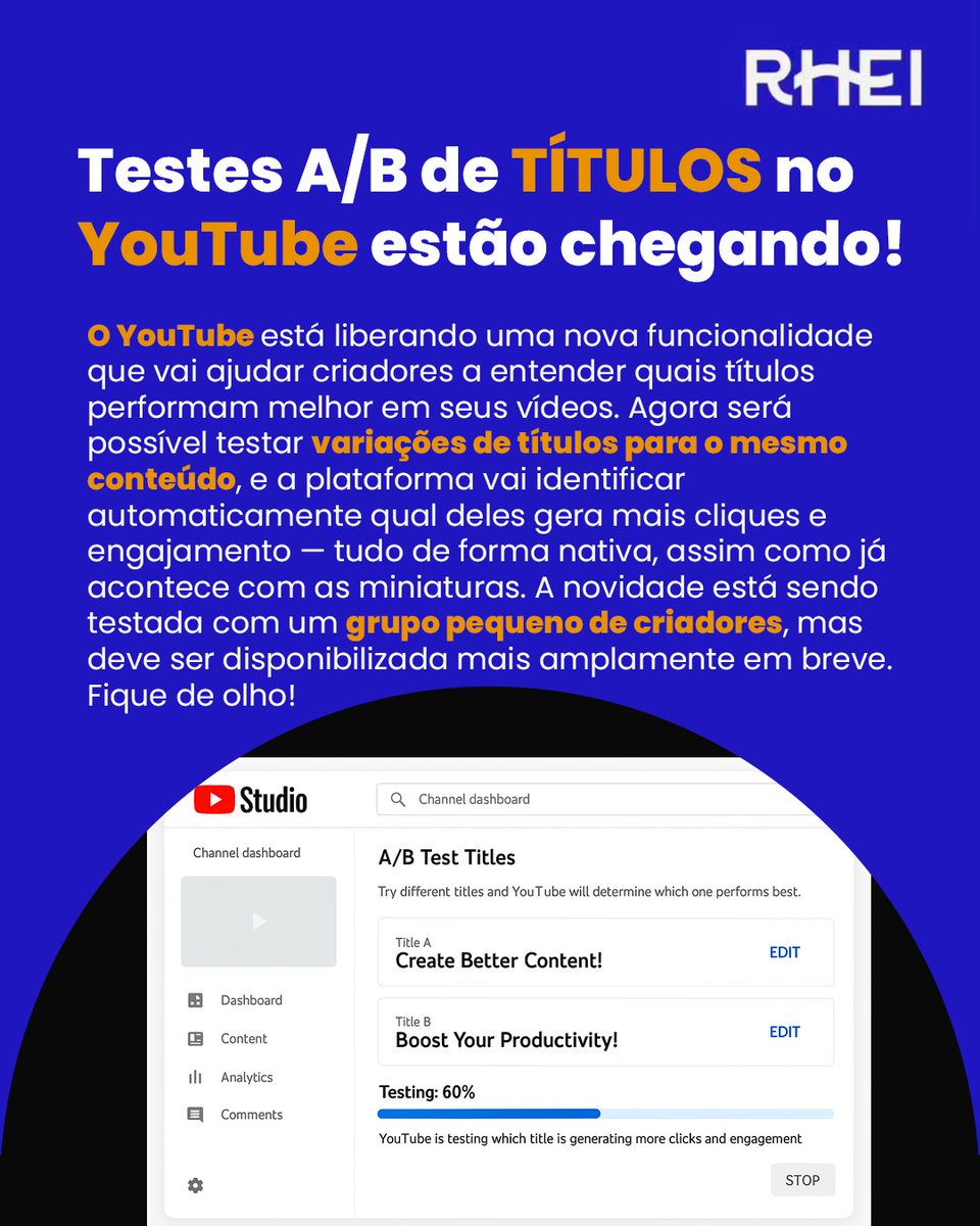 🚨 O YouTube começou a testar títulos A/B!
Você adiciona variações e a plataforma descobre qual gera mais cliques.
Simples, poderoso e (em breve) para todos. 👀

#YouTube