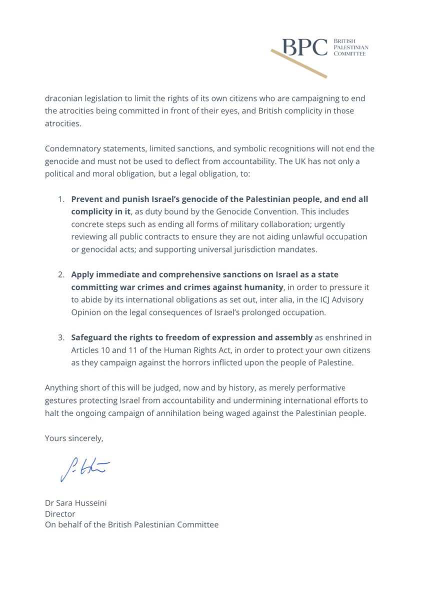 British Palestinian Committee (@britpalcommitt) on Twitter photo “Condemnatory statements, limited sanctions, and symbolic recognitions will not end the genocide and must not be used to deflect from accountability.” Our letter to <a href="/Keir_Starmer/">Keir Starmer</a> ahead of today’s emergency Cabinet meeting on Gaza.
Read full letter here: britpalcommittee.co.uk/lettertothepm “Condemnatory statements, limited sanctions, and symbolic recognitions will not end the genocide and must not be used to deflect from accountability.” Our letter to <a href="/Keir_Starmer/">Keir Starmer</a> ahead of today’s emergency Cabinet meeting on Gaza.
Read full letter here: britpalcommittee.co.uk/lettertothepm