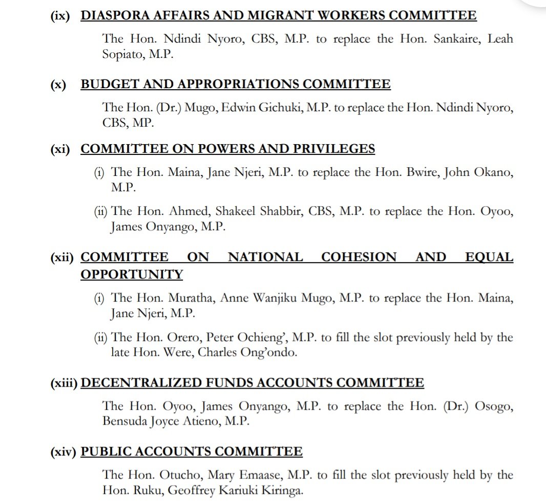 Kiharu MP Ndindi Nyoro moved from the lucrative Budget and Appropriations Committee to Diaspora and Immigrant Workers Committee.