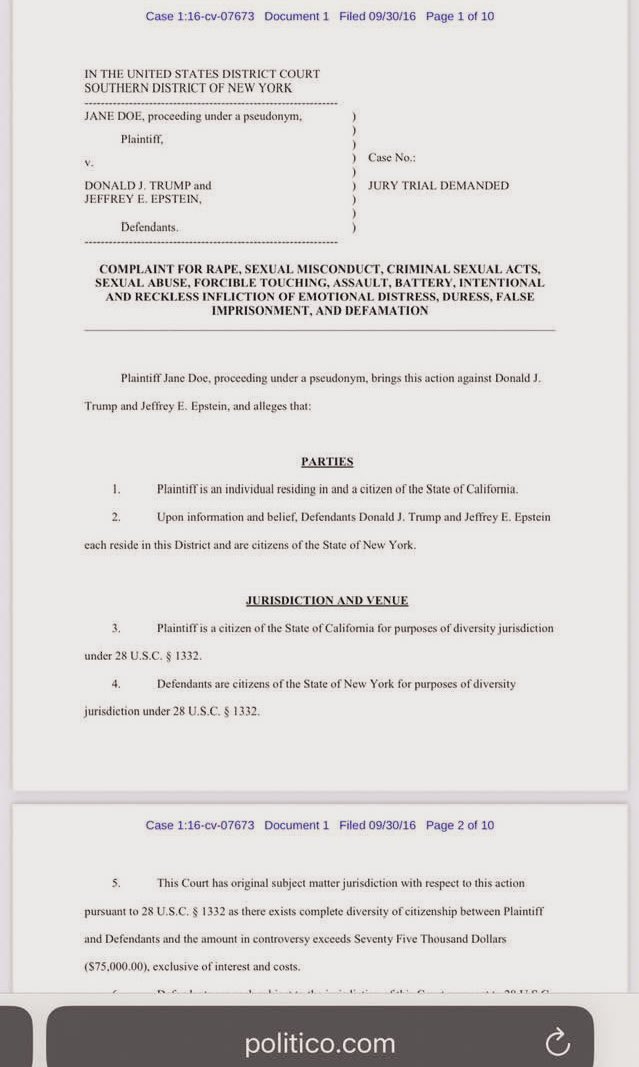Trump &amp; Epstein were named as co-defendants in a lawsuit accusing them of raping 13 year old Katie Johnson. She ended up dropping the lawsuit after receiving death threats for her &amp; her family. 
This is not new evidence.
This cannot be covered up.
#PedoPresident 
#DemsUnited