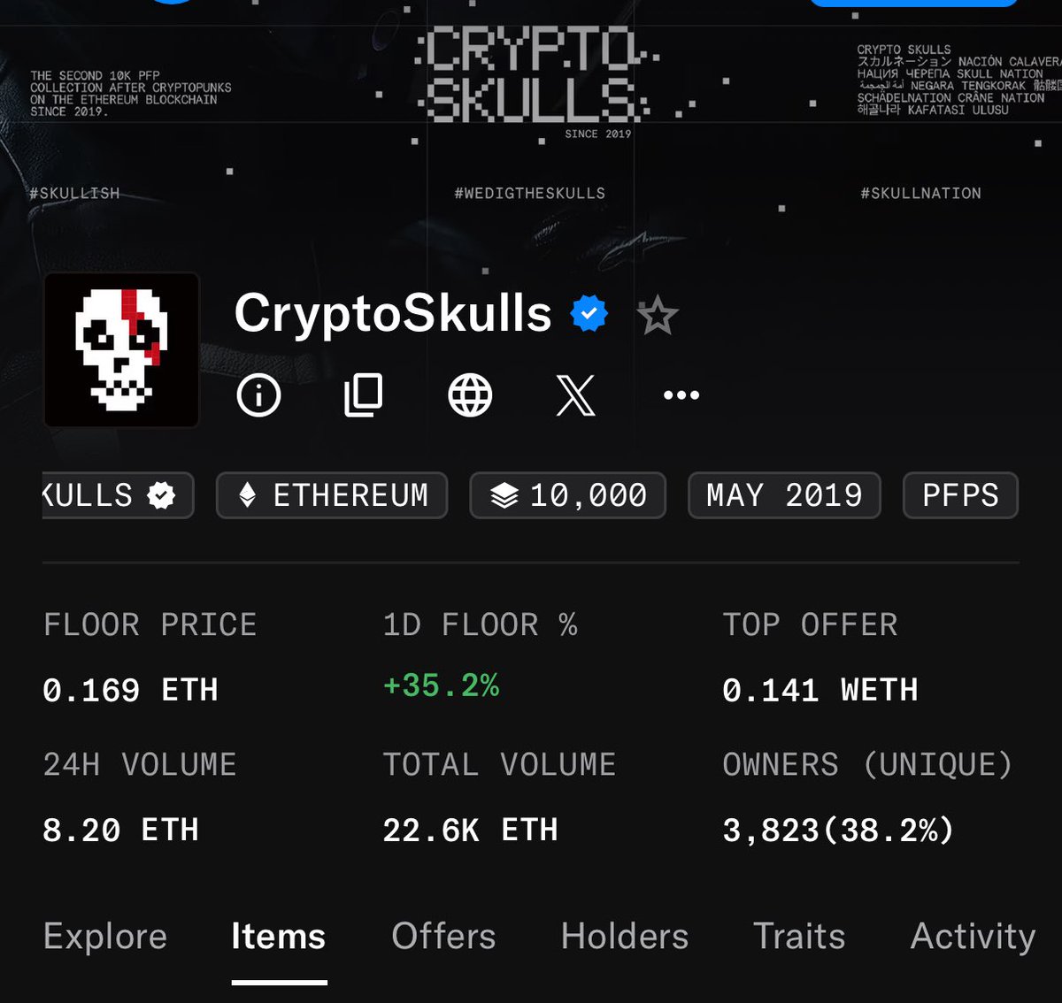 AspenShredder.eth 🦍 (@aspenshredder) on Twitter photo You had 6 years to get a <a href="/Crypto_Skulls/">CryptoSkulls ☠️</a> now they are 3 away from 0.2 ETH
<a href="/garyvee/">Gary Vaynerchuk</a> holds 80 also holds something like 62 <a href="/cryptopunksnfts/">CryptoPunks</a> and likes historical NFTs like <a href="/MyCurioCards/">Curio Cards</a> maybe we should tell him about <a href="/CryptoArte/">CryptoArte</a> too. Dudes a legendary collector 🐐 You had 6 years to get a <a href="/Crypto_Skulls/">CryptoSkulls ☠️</a> now they are 3 away from 0.2 ETH
<a href="/garyvee/">Gary Vaynerchuk</a> holds 80 also holds something like 62 <a href="/cryptopunksnfts/">CryptoPunks</a> and likes historical NFTs like <a href="/MyCurioCards/">Curio Cards</a> maybe we should tell him about <a href="/CryptoArte/">CryptoArte</a> too. Dudes a legendary collector 🐐
