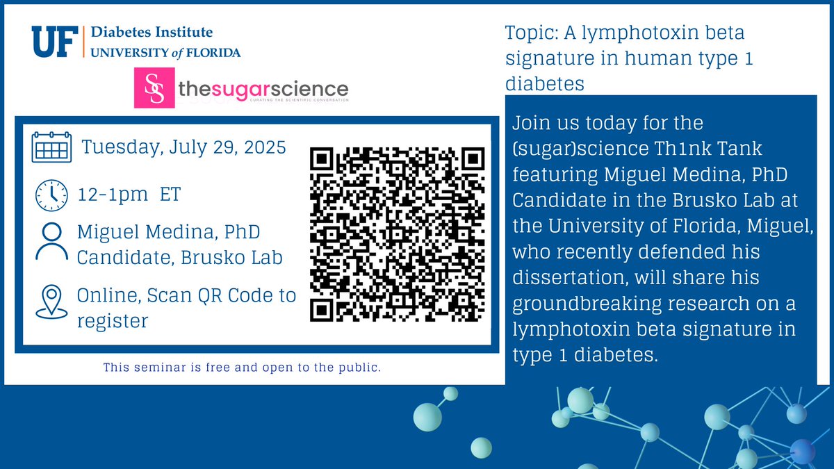 Don’t miss today’s <a href="/thesugarscience/">the(sugar)science</a> Th1nk Tank talk! Join us from 12–1 PM as Miguel Medina, PhD Candidate, shares his groundbreaking research on a lymphotoxin beta signature in type 1 diabetes. To register via zoom, click here us02web.zoom.us/j/89890271658