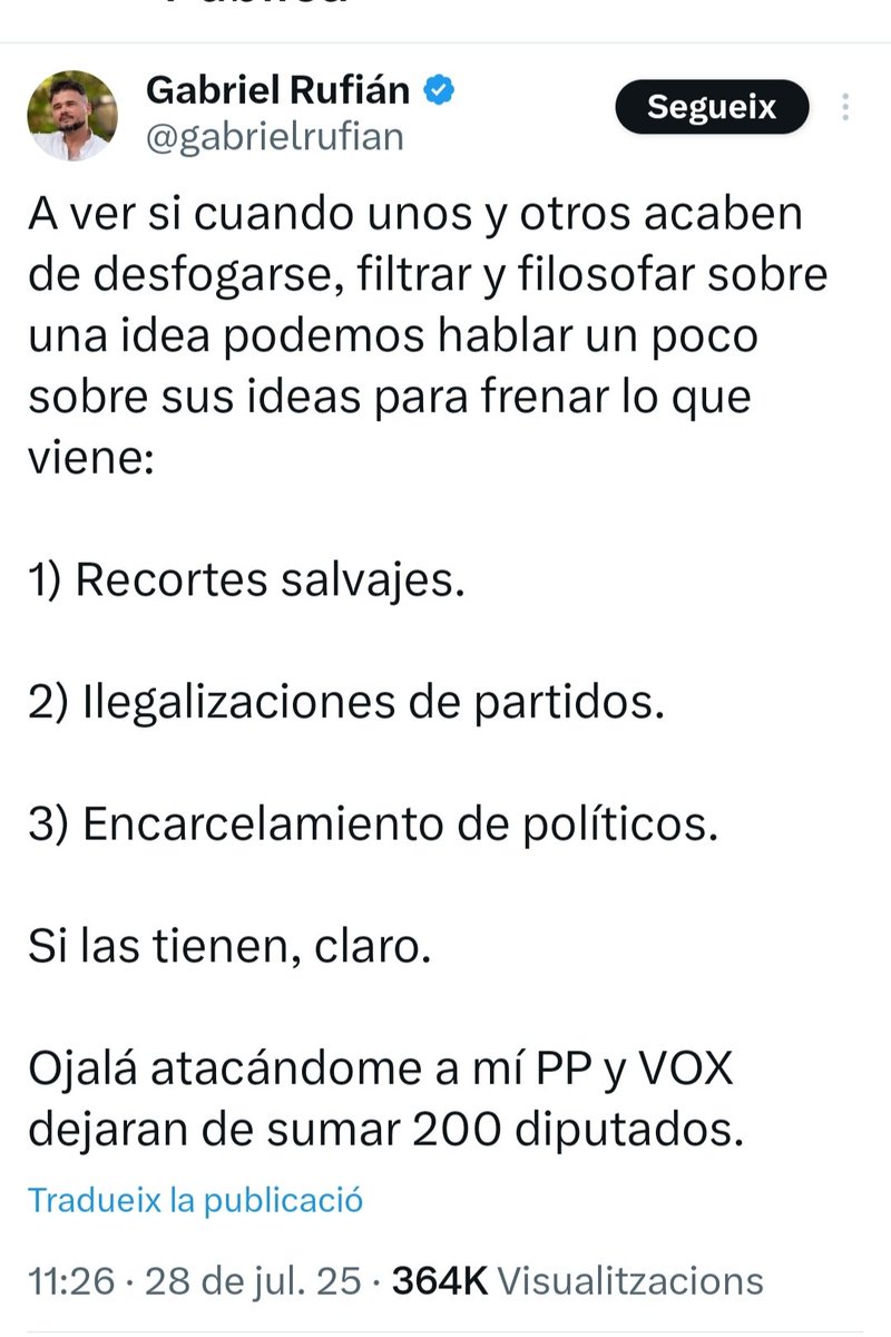 I què tal si, mentrestant, doneu explicacions del que heu robat a la DGAIA, a la Copa d'Amèrica, al que feu amb Abacus, els teus privilegis i els diners que t'embutxaques per mentir tot el dia fa anys, <a href="/gabrielrufian/">Gabriel Rufián</a>?