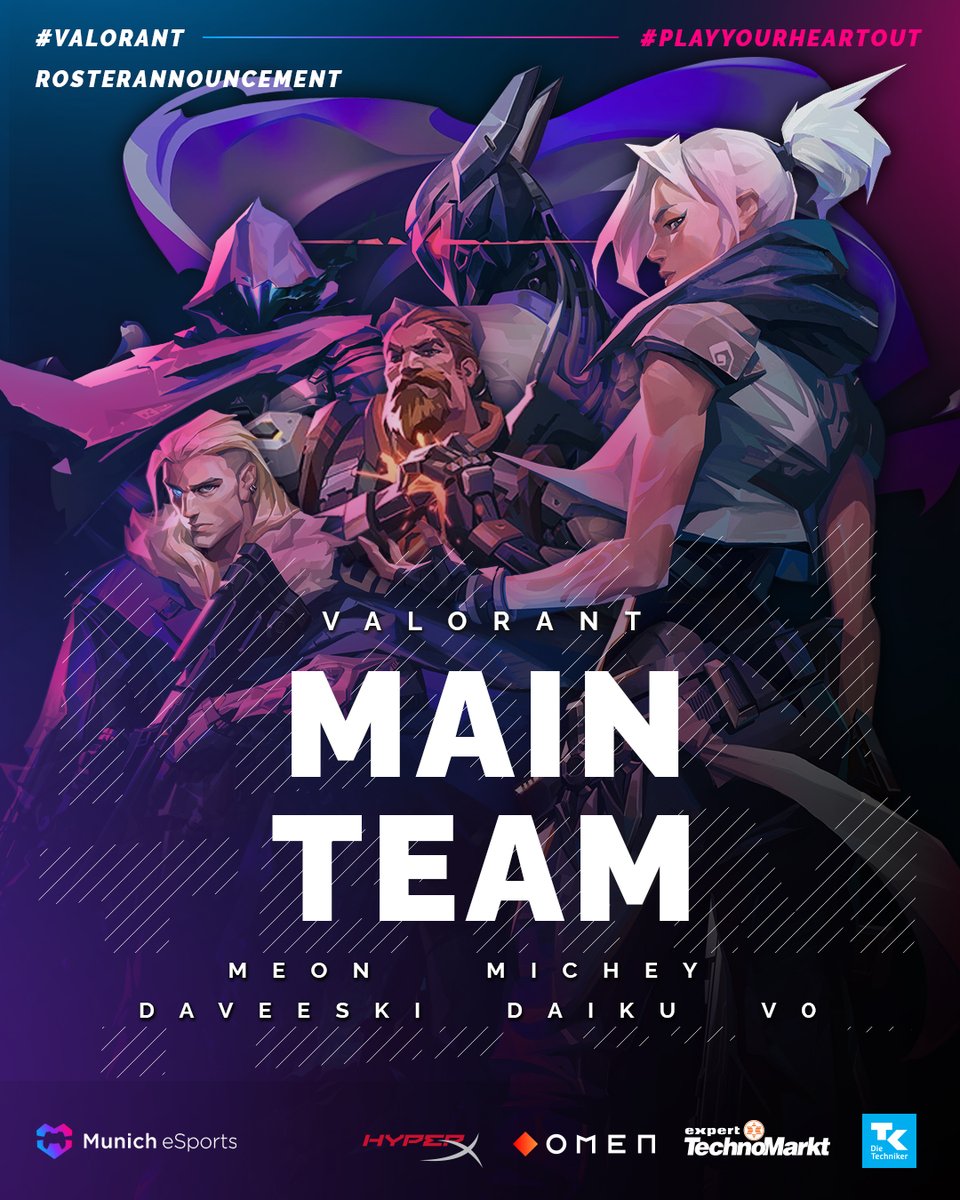 🚨🚨ACHTUNG, ACHTUNG! 🚨🚨

Wir benötigen einen kurzen Augenblick um euch unser neues #Valorant Main Team vorzustellen🔥:

<a href="/DaveeskiVAL/">Daveeski</a>
@micheyVAL
<a href="/symonvlr/">meon</a>
<a href="/v0js3x9/">v0js3x9</a>
<a href="/daaiiku/">daiku</a> 

Wir freuen uns sehr auf die gemeinsame Zeit und tolle Games mit euch!

#PlayYourHeartOut