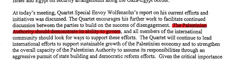 Let's be clear: Statehood for the Palestinians is a responsibility before it can become a right.

At least, that's what Kofi Annan said as a member of the Quartet when 🇮🇱 disengaged from 🇵🇸 territories in 2005. At the time, the Quartet urged "the Palestinian Authority to maintain