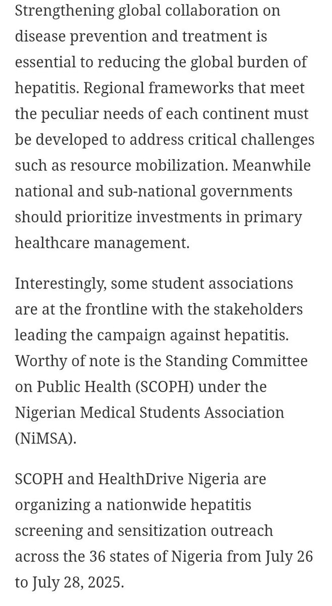 NiMSA SCOPH (@nimsa_scoph) on Twitter photo "Hepatitis is still one of Africa’s most neglected diseases."
Through #ScreenAndShield2025 in partnership with <a href="/HealthdriveNg/">HealthDrive Nigeria</a> NiMSA SCOPH is leading a nationwide effort to change that — 36 states, 45,000+ medical students, one goal: awareness, screening, and action. "Hepatitis is still one of Africa’s most neglected diseases."
Through #ScreenAndShield2025 in partnership with <a href="/HealthdriveNg/">HealthDrive Nigeria</a> NiMSA SCOPH is leading a nationwide effort to change that — 36 states, 45,000+ medical students, one goal: awareness, screening, and action.