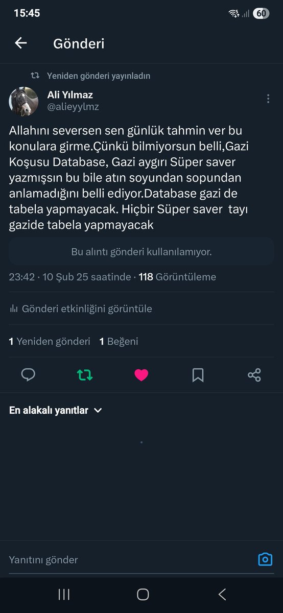 Ümit hocam siz bu adama bakmayın, bu elinde klavye sinyal de sinyal.. hangisi tutarsa misali. Bakın ben altta kendisine cevap yazdım beni engellemiş ve attığı twit silmiş. Hep yazıyor tutarsa tekrardan Bakın ben yazdım diyo, tutmazsa aşağıda olduğu gibi hemen siliyor 😂