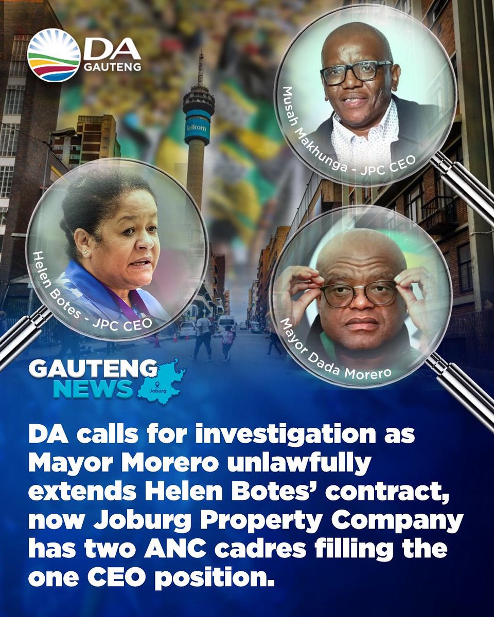 ❌📢 TWO CEOs at the same time for the Joburg Property Company. Proudly brought to you by Joburg Mayor, Dada Morero.

This is a questionable politically motivated move, damaging clean governance. A full investigation must take place into this scandal. 

Read more: