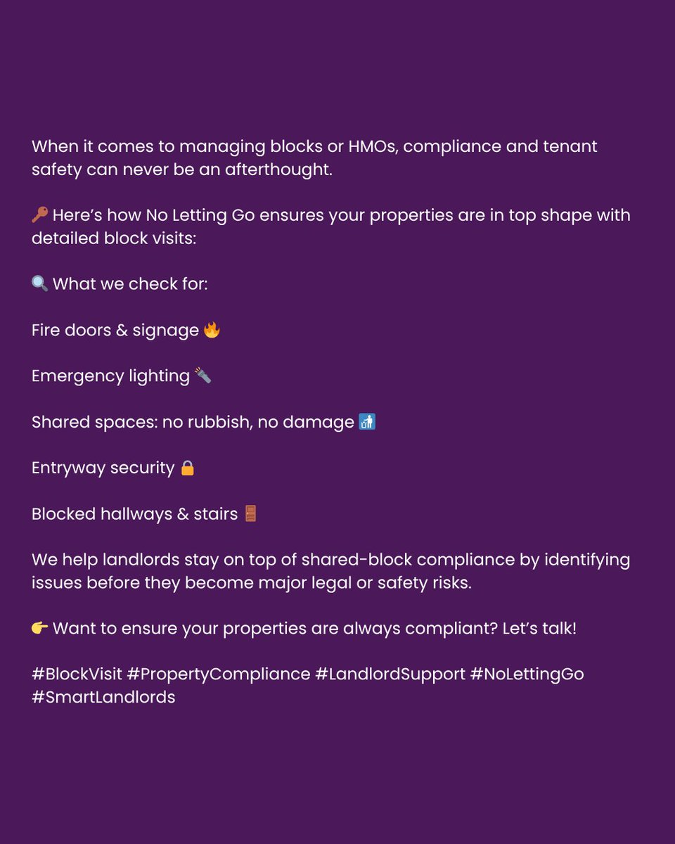 We help landlords stay on top of shared-block compliance by identifying issues before they become major legal or safety risks. 

👉 Want to ensure your properties are always compliant? Let’s talk!

#BlockVisit #PropertyCompliance #LandlordSupport #NoLettingGo #SmartLandlords