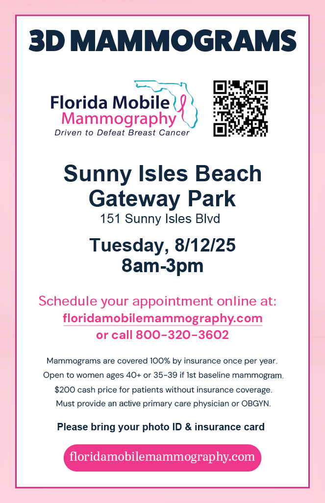 Save the date! Florida Mobile Mammography will be at Gateway Park on Aug 12, 8 a.m. - 3 p.m.

 Schedule your 3D mammogram appointment online at FloridaMobileMammography.com or by calling 1-800-320-3602. Remember to bring your photo ID and insurance card. Early detection saves lives!