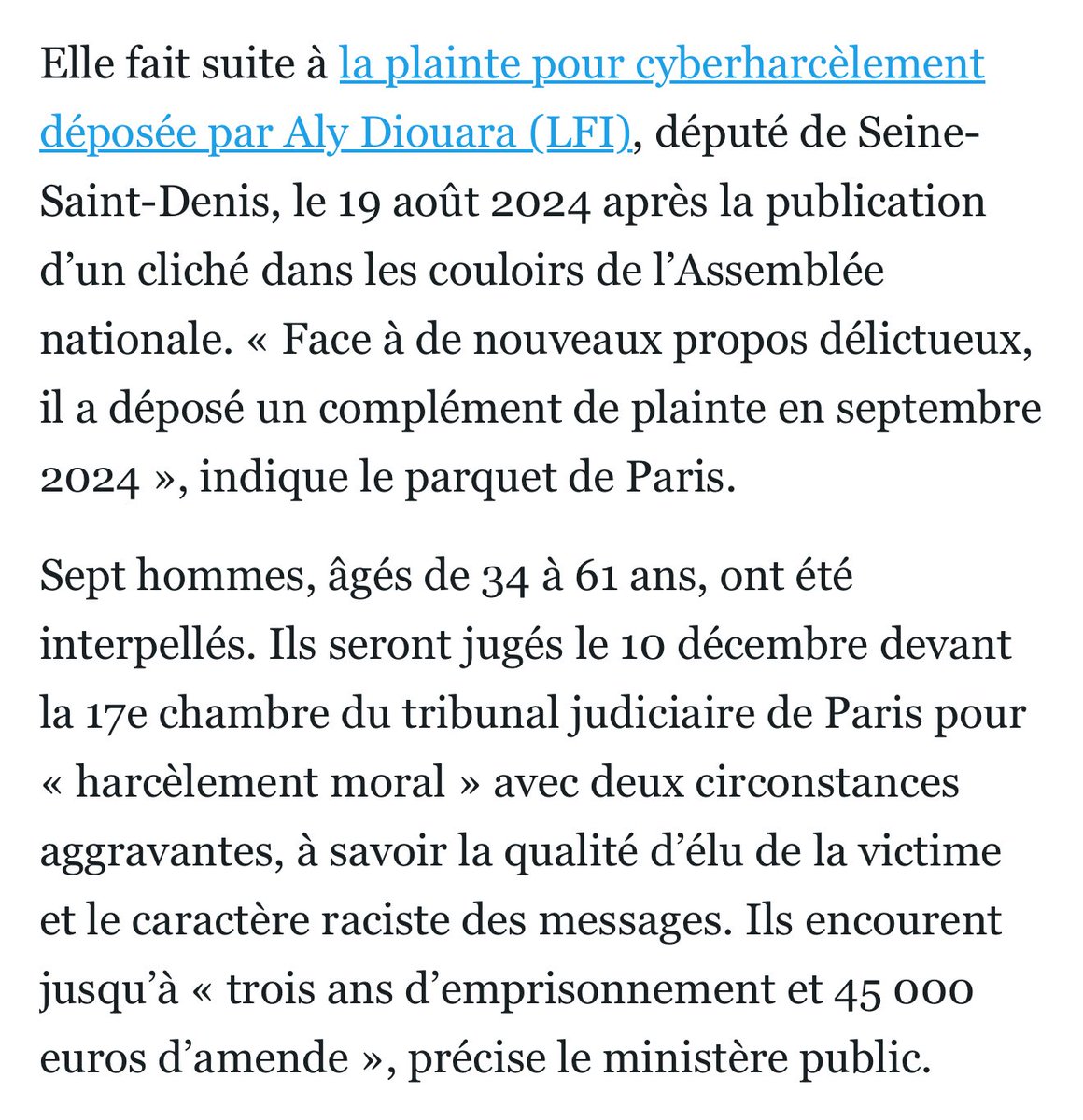 🔴 Suite à ma plainte pour cyberharcèlement à caractère raciste, sept personnes ont été identifiées et placées en garde à vue.

Elles répondront de leurs propos devant le Tribunal correctionnel de Paris le 10 décembre prochain.

Le racisme n’est pas une opinion mais un délit !