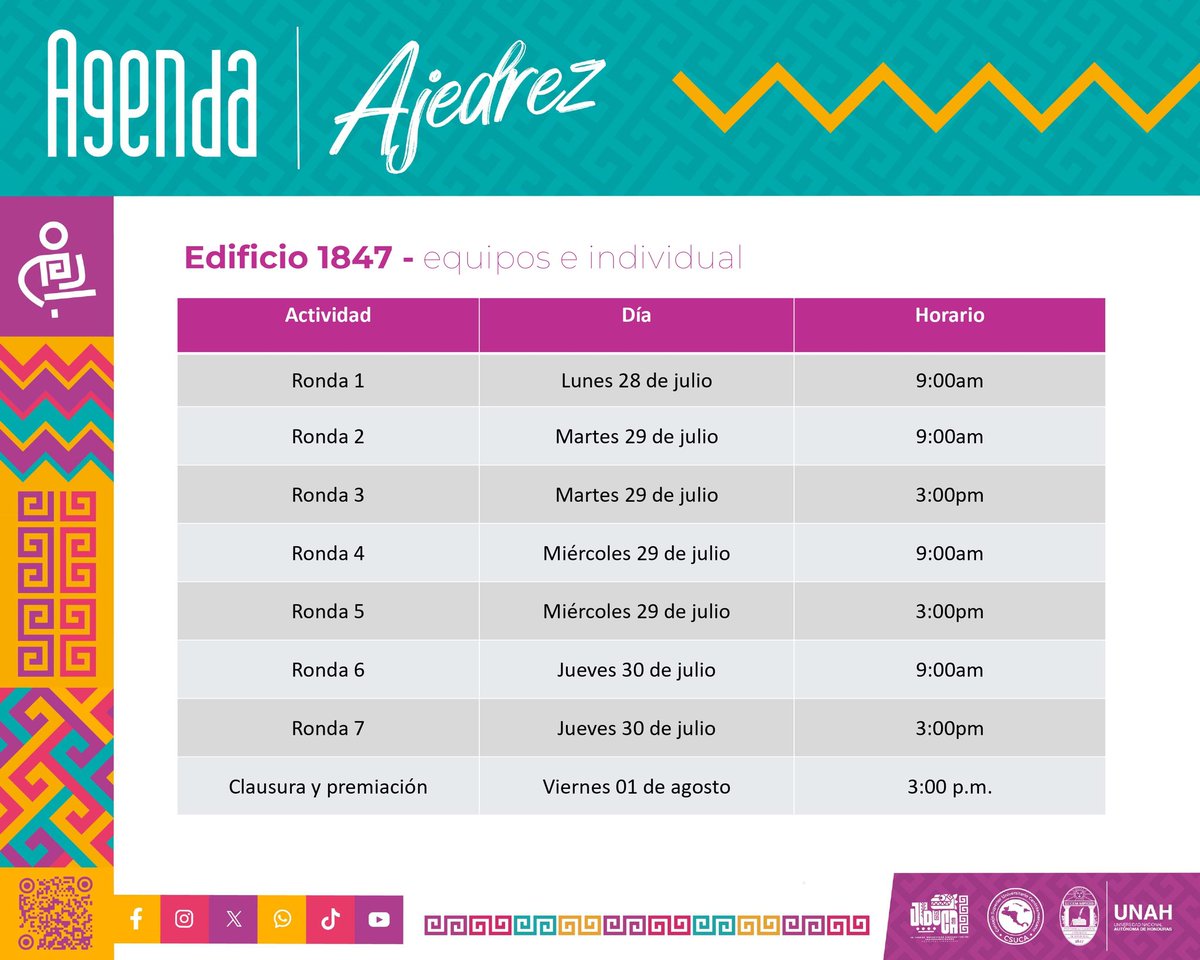 SGCSUCA's tweet photo. 📍 Conoce la agenda de Ajedrez en #JUDUCA2025, pudes seguir el desarrollo de los juegos en https://t.co/ZelJs1dot2
#CSUCA #SIREVE #CONREVE #UNAH https://t.co/6jf0cCcaHj