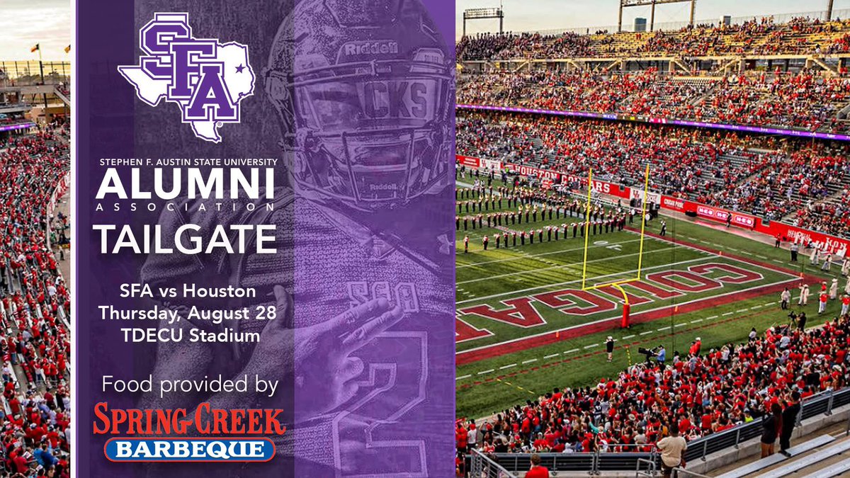 Save the date, 'Jacks!

SFA will take on Houston at 7 p.m. on August 28. Check out the latest tailgate information for the big game:

Start Time: 4:00 PM (3 hours before kickoff)

Visit uh.evenue.net/promotions for ticket information. Promo Code: SFA-ALUM

#AxeEm