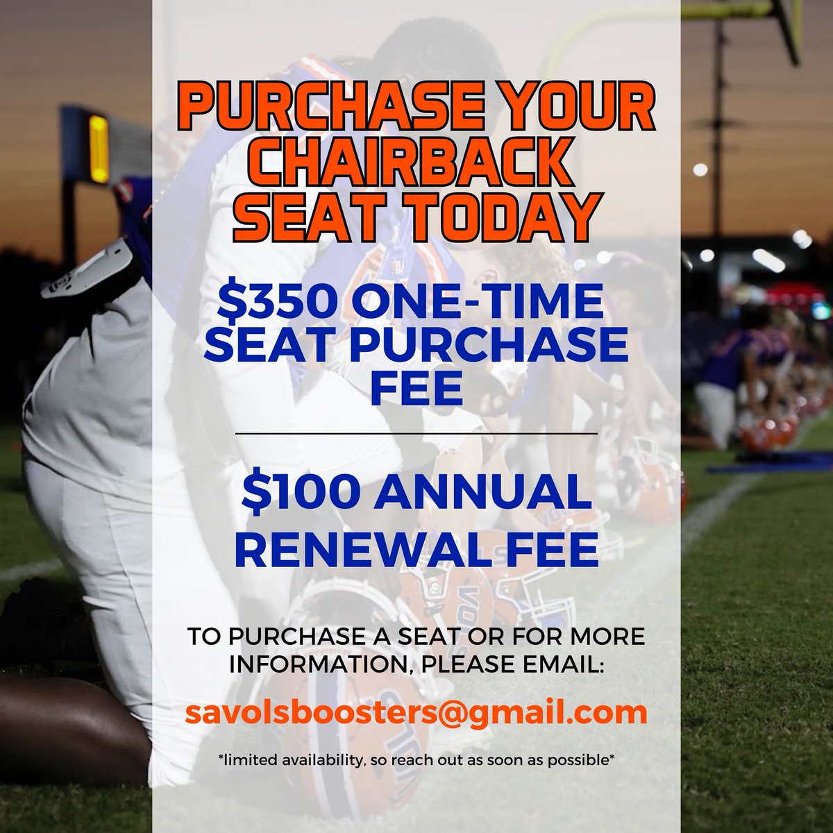 Football and Friday Night Lights are right around the corner and our boys have been working hard this summer. Chairs are $350 for a one-time purchase and $100 for an annual renewal fee. There’s only a limited amount of seats available, so make sure you reach out ASAP! #ChooseSA