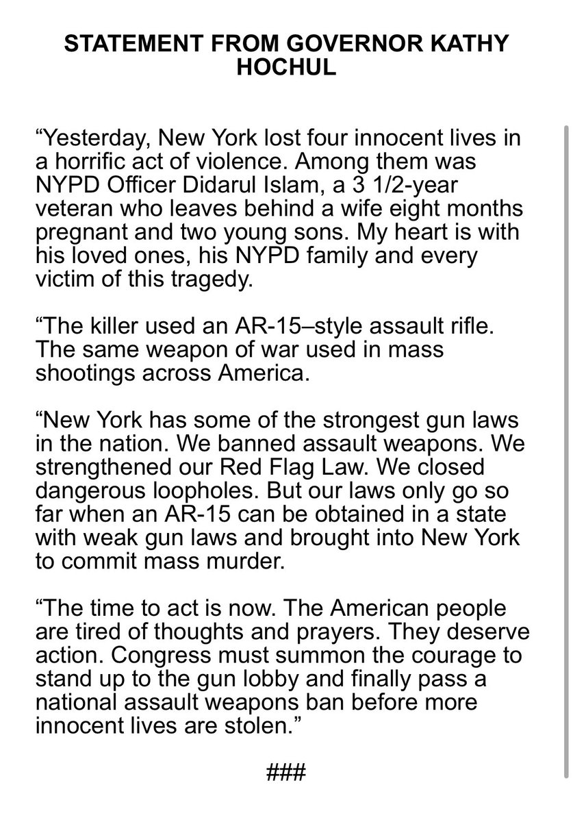 NY Gov. Hochul calls for tougher federal gun control laws in the wake of yesterday’s shooting in Midtown.