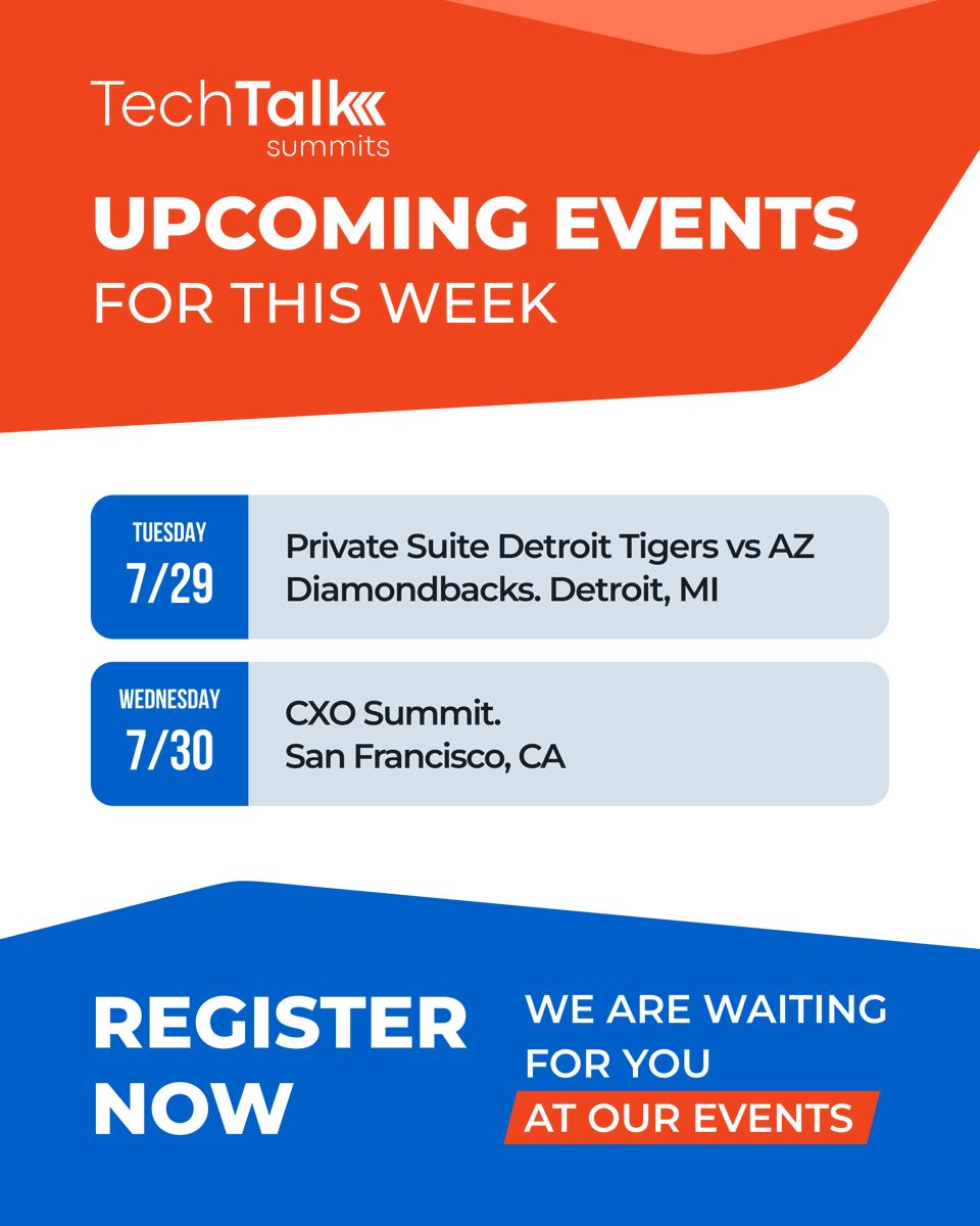 techtalksummits's tweet image. Good morning from #TechTalkSummits! Coming up this week:

Tuesday 7/29 - Private Suite Detroit Tigers vs. AZ Diamondbacks - Detroit, MI
Wednesday 7/30 - CXO Summit - San Francisco, CA

Check our website to find more information on the event you&apos;re interested in!