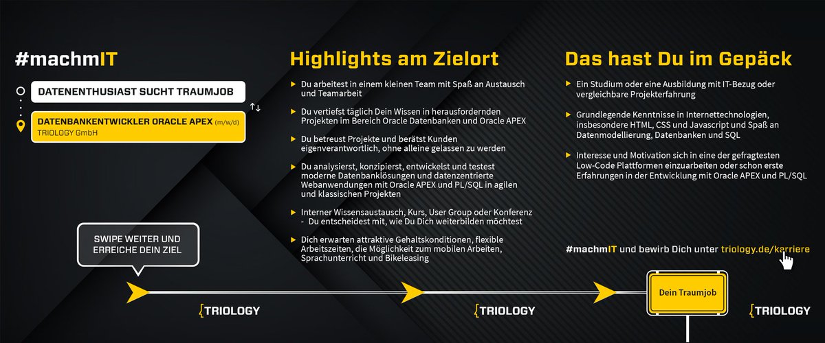 📢 SQL ist dein Ding &amp; beim Frontend denkst du weiter als bis zur Farbe? 
Dann #machmIT &amp; entwickle datengetriebene Webanwendungen mit Oracle APEX – ganzheitlich und mit echtem Impact. Braunschweig 
➡️ triology.de/karriere 

#orclapex #lowcode #datenbankentwickler #itjobs