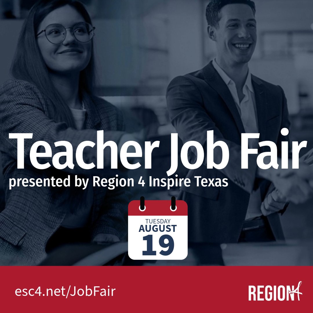 This isn’t just another event. It’s your chance to meet hiring teams, explore open teaching roles, and launch your career before the first bell rings.

Region 4 Teacher Job Fair, August 19.

Pre-register now at bit.ly/R4ITX-JobFair and be interview-ready.