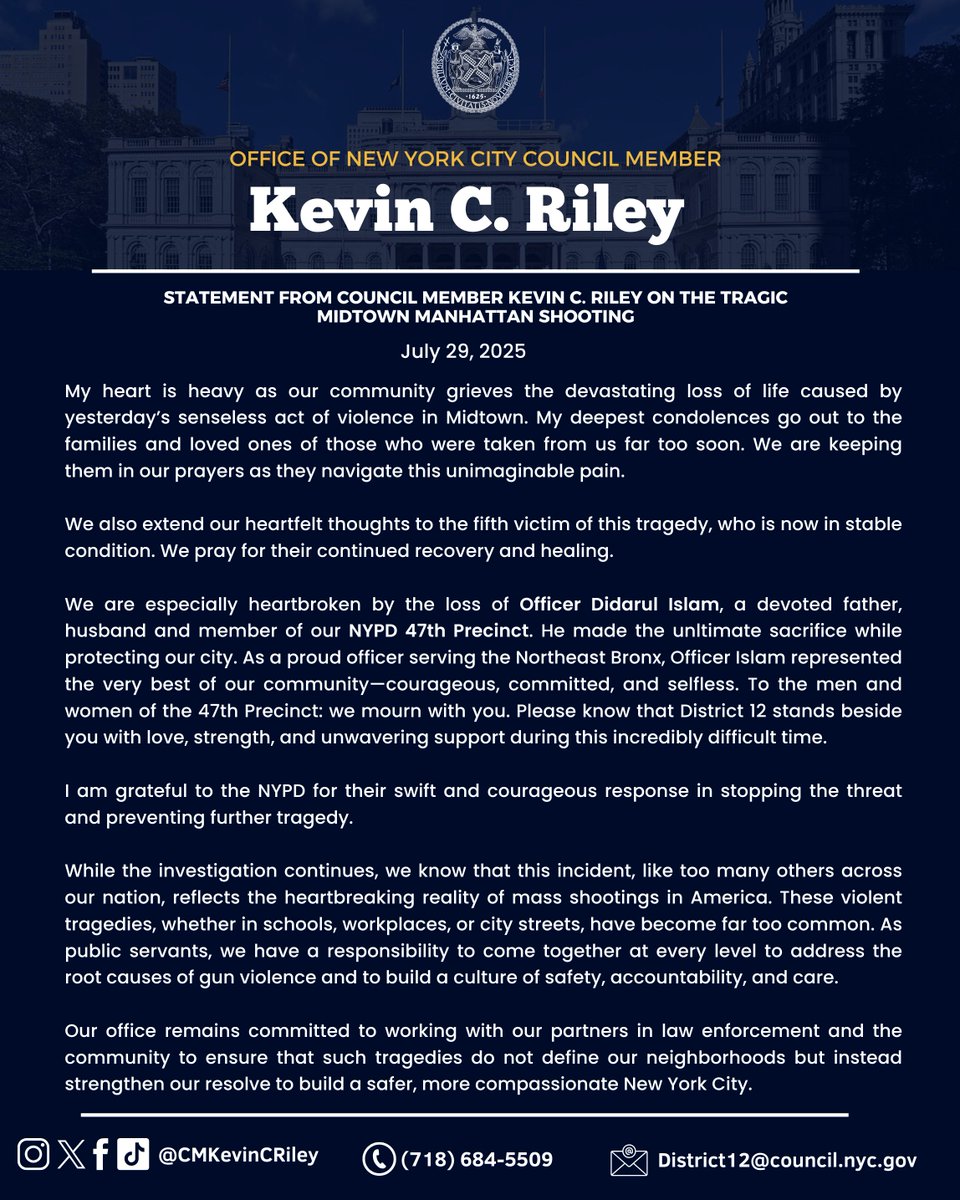 Our community is heartbroken by the tragic Midtown shooting and the loss of Officer Didarul Islam of the 47th Precinct. We stand with his family and all those impacted as we work toward a safer, more compassionate New York City.