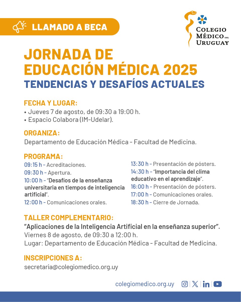 ¡Llamado a beca!
Los invitamos a postularse a una beca para la “Jornada de Educación Médica 2025: tendencias y desafíos actuales”, organizado por el Departamento de Educación Médica, Facultad de Medicina.

✏️ Postulaciones escribiendo a secretaria@colegiomedico.org.uy