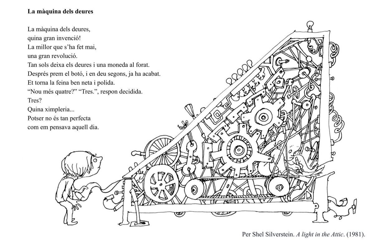 📚⚙️ En el seu poema del 1981 "The Homework Machine", Shel Silverstein va predir els mals usos de la IA per part de l'alumnat i les al·lucinacions. 
Aquesta és una adaptació al català: "La màquina dels deures". #eduCat