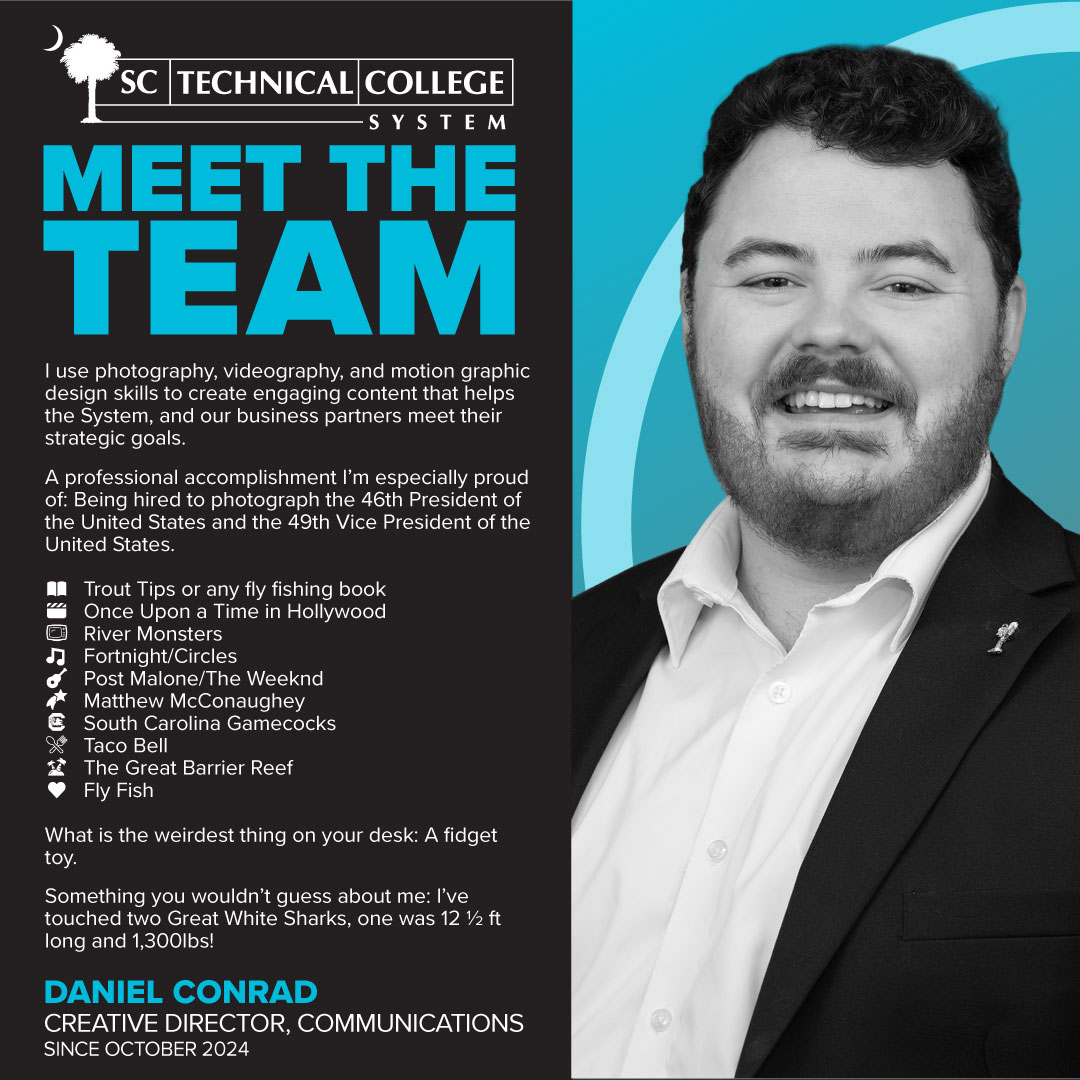It’s our people who set us apart. Meet the talented team ensuring affordable, accessible, and relevant career and technical education for all South Carolinians!

Presenting Creative Director, Daniel Conrad.

#MeetTheTeam