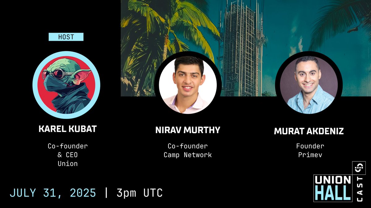 The Union Hall Cast returns this Thursday, hosted by the 🐐 <a href="/0xkaiserkarel/">0xkaiserkarel.union</a>. You won't wanna miss this one.

Guests:
<a href="/niravmurthy/">Nirav Murthy ⛺</a> | <a href="/campnetworkxyz/">Camp Network ⛺️</a>
<a href="/MuratLite/">Murat | lordofcoins.eth</a> | <a href="/primev_xyz/">Primev | preconf.eth</a>

See you there &amp; don’t forget to subscribe ↓
youtube.com/watch?v=MBQ1gx…