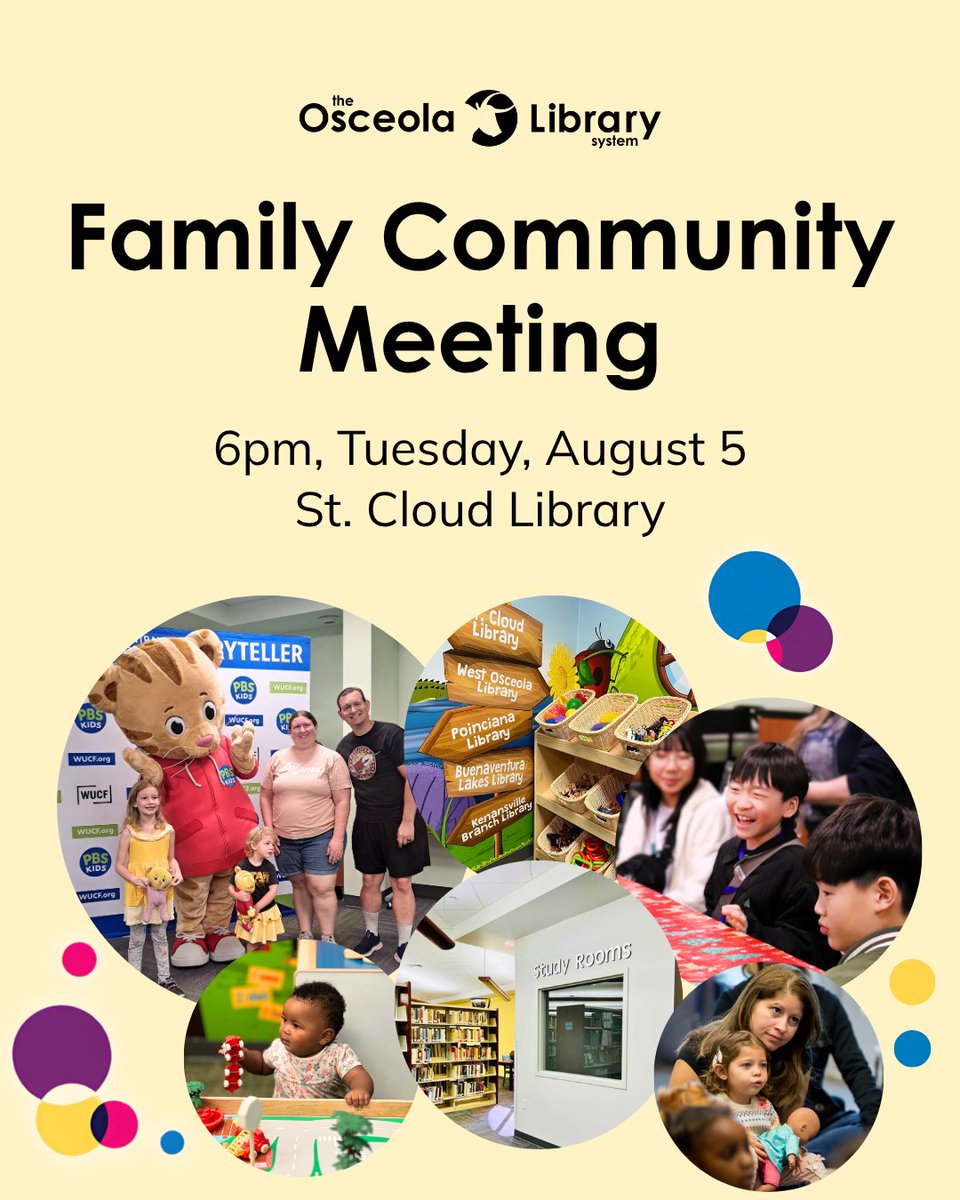 🎉 You're Invited! 🎉

Join Osceola Library System on Tuesday, August 5 at 6 p.m. for their
Family Community Meeting.

Help share your ideas on how to help make the library more welcoming and useful for all ages while enjoying fun, hands-on activities for the whole family.

Let's