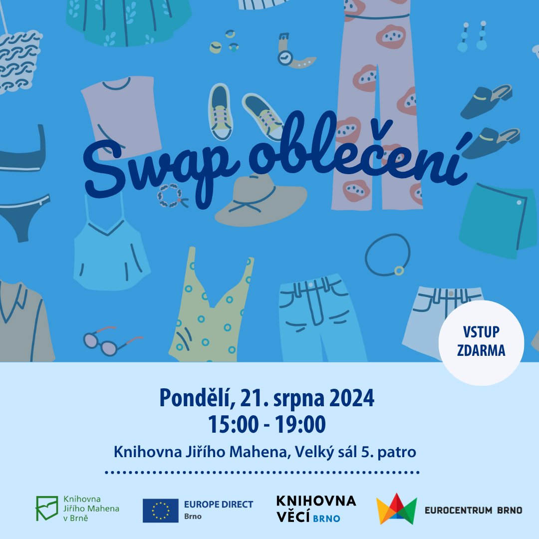 🧡 LETNÍ SWAP se nám blíží!  ♻️

A již nyní můžete nosit věci na swap do ZC KJM k pultu "Informace o EU" v otvírací době knihovny.