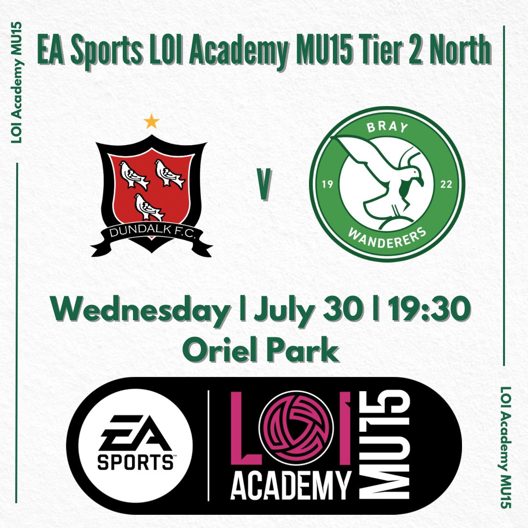 Our U15s continue their EA SPORTS League of Ireland Tier 2 North campaign on Wednesday July 30.
They will travel to take on Dundalk.
Kick-off is set for 7.30pm at Oriel Park.

#Seagulls 🟢⚪️