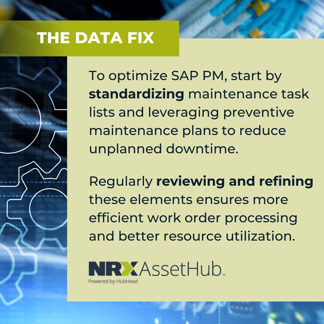 NRXAssetHub's tweet image. Standardize task lists and use preventive maintenance plans in SAP PM to cut downtime, improve work order efficiency, and maximize resource utilization. #TheDataFix #SAPPM #DataSeer