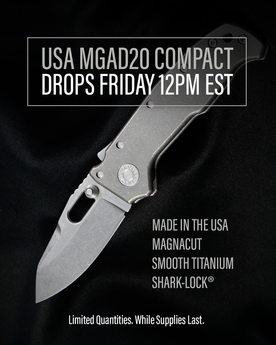 Demkoknives's tweet photo. The MGAD20 MagnaCut Compact with smooth titanium handle drops this Friday at 12 pm eastern time. Be sure to sign up for our waitlist.

#america #usa #madeinusa https://t.co/t2qgrVQh7O