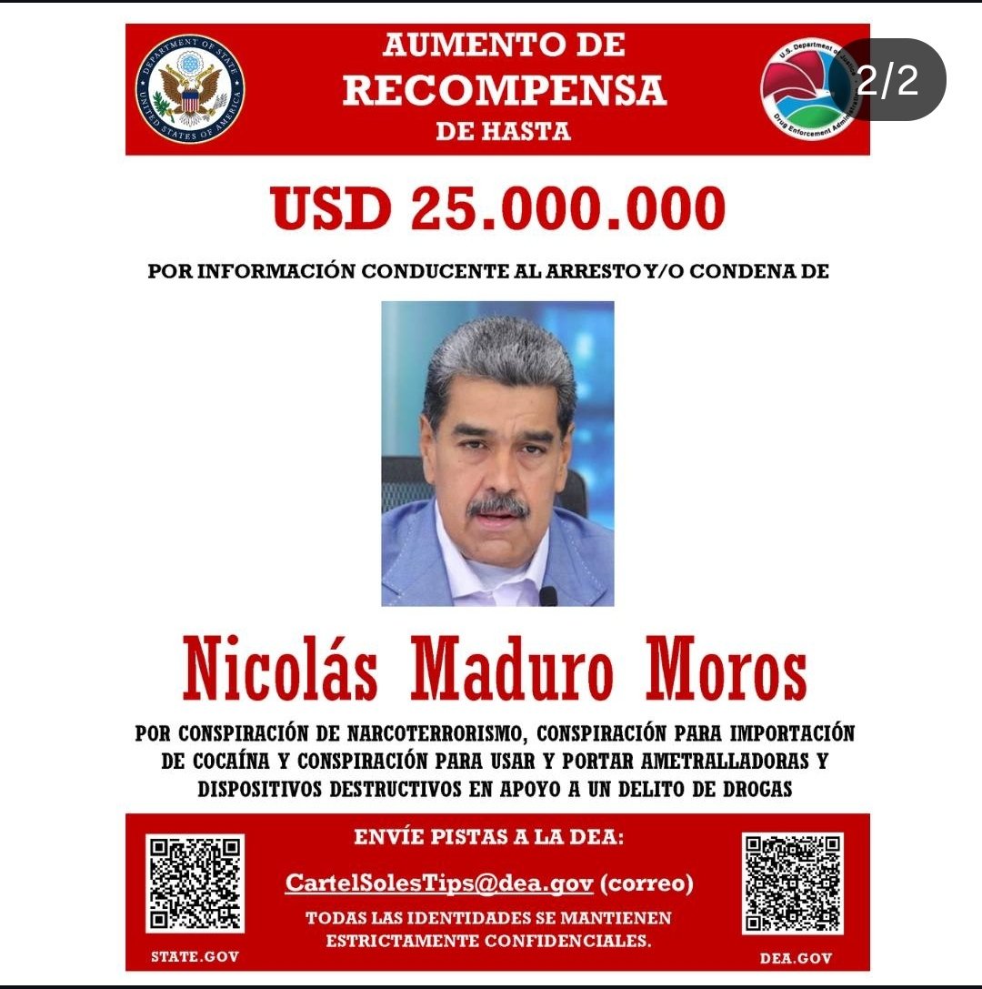 🇺🇲 La DEA solicita enviar información que conduzca al arresto y ofrece una recompensa de 25 millones de dólares, por  los venezolanos Nicolás Maduro Moros, Diosdado Cabello Rondón y Vladimir Padrino López.