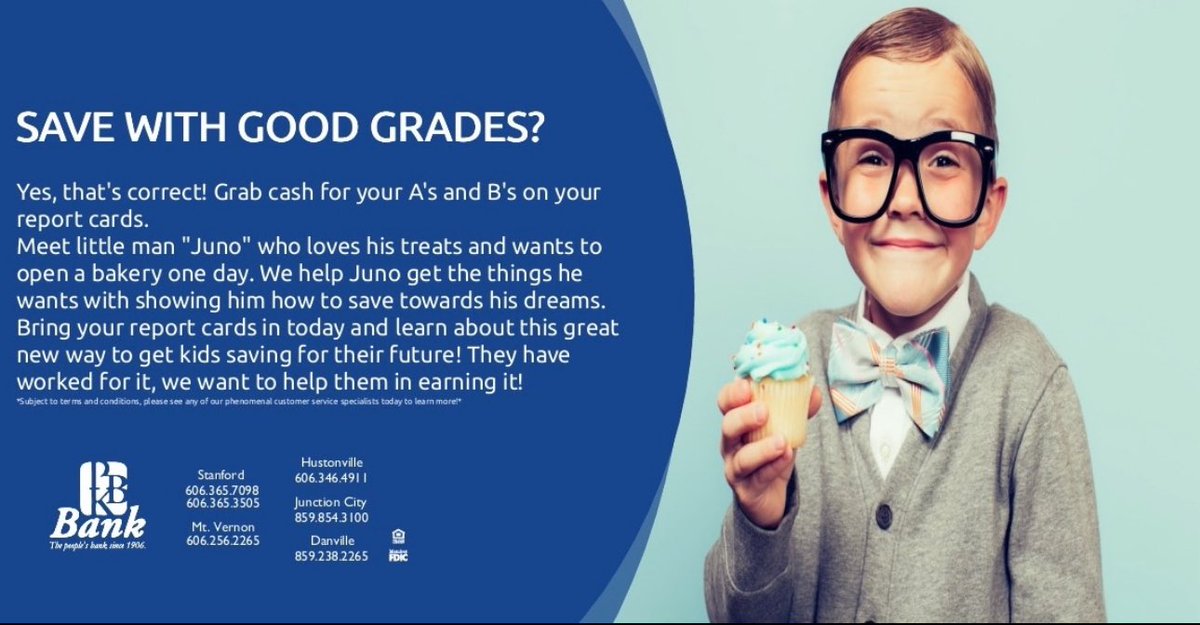 Parents, school is almost back in session and we want to remind you of our “Green for Grades” program. We pay $1.00 for every A and B that your child receives on their report card! 
Remember to get them started on this phenomenal program this year!
PBK Bank ~ Strong, solid,