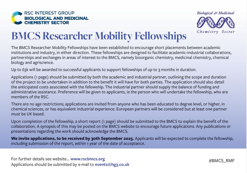📣 The Biological and Medicinal Chemistry Sector (BMCS) call for applications is still open for the BMCS Researcher Mobility Fellowships!

The purpose of the RSC Biological and Medicinal Chemistry Sector (BMCS) Research Mobility Fellowship scheme is to encourage short placements