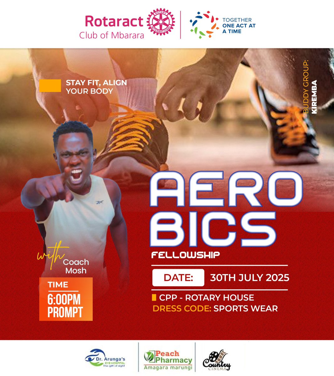 Boost your health with regular exercise.
Just 30 minutes a day can reduce stress and improve heart health.
Join us for AeroBics, an exciting fellowship by Rotaract Club of Mbarara, with Coach Mosh on 30th July 2025 at 6:00 PM at Rotary House
Wear your COHSS T-shirt or sports gear