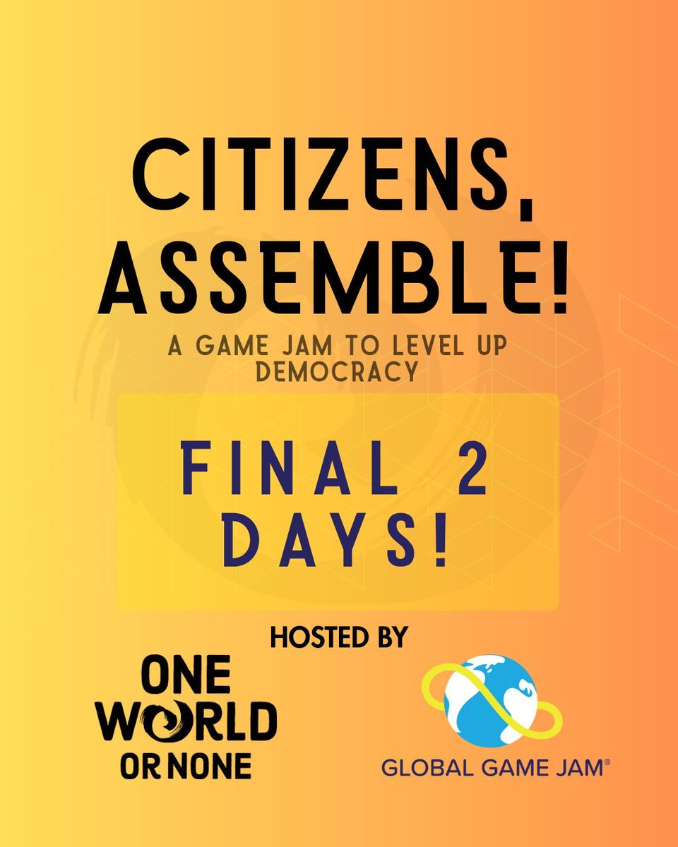 There are only 2 days left to submit your game to the Citizens, Assemble Jam, hosted by @oneworld_ornone and GGJ!! Don’t miss out on showcasing your vision, joining the citizen‑driven revolution, and competing for $10K! Submit by July 31!
buff.ly/kjErg6Q