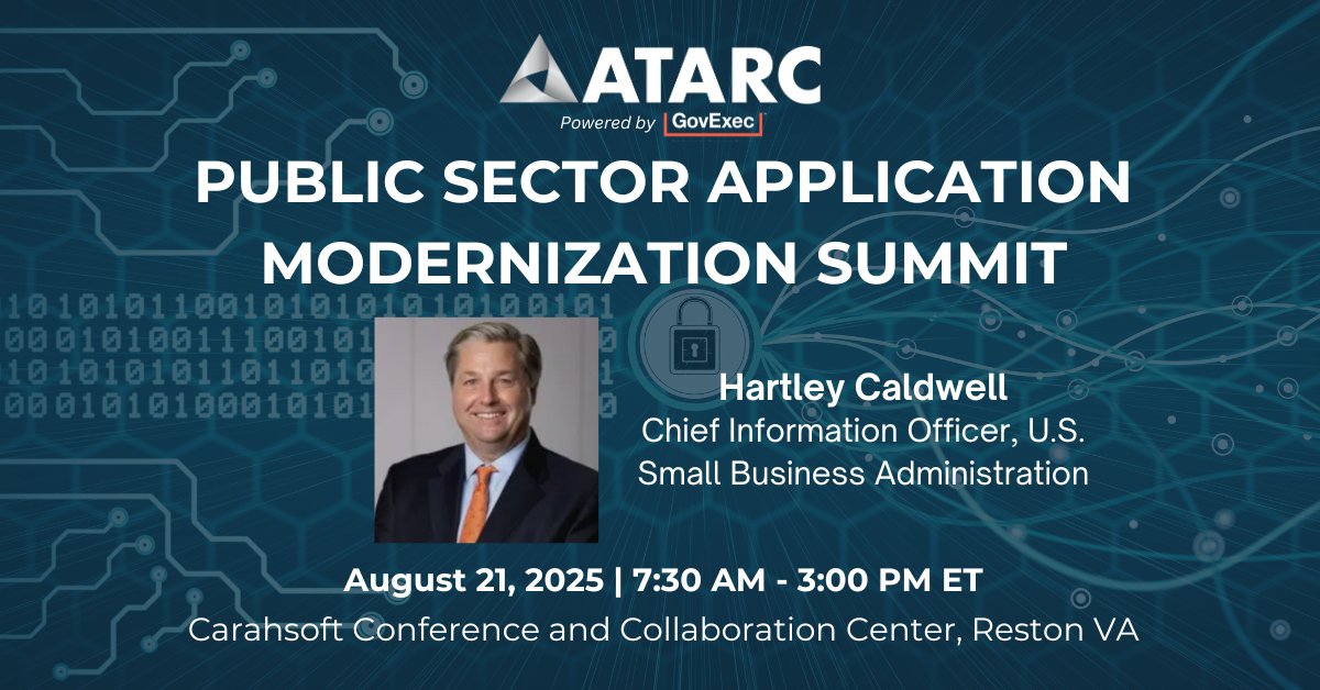 Get inspired by Hartley Caldwell, CIO of the U.S. Small Business Administration, as he takes the stage as keynote speaker at ATARC’s Public Sector Application Modernization Summit on August 21, 2025, in Reston, VA! 🚀

Secure your seat today 🎯: ow.ly/SKHX50WvsNi