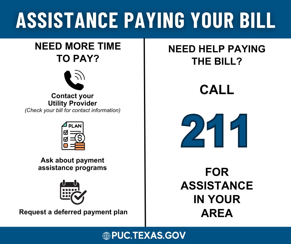 If you need more time to pay your utility bills, there is assistance available. Contact your provider to find out your options. Learn about more programs here: puc.texas.gov/consumer/lowin…  #txlege #txenergy