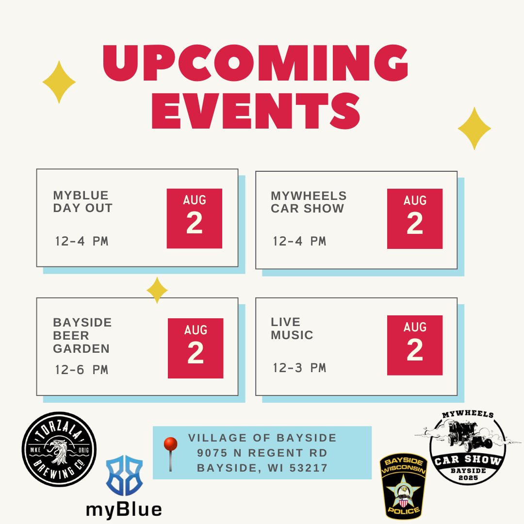 Are you ready?! This Saturday, August 2, we have myBlue Day Out, myWheels Car Show, a Bayside Beer Garden, live music, great eats, and more! You do not want to miss this! 🔥 

You can still register your car for the myWheels Car Show!: baysidewi.gov/mywheels-car-s…