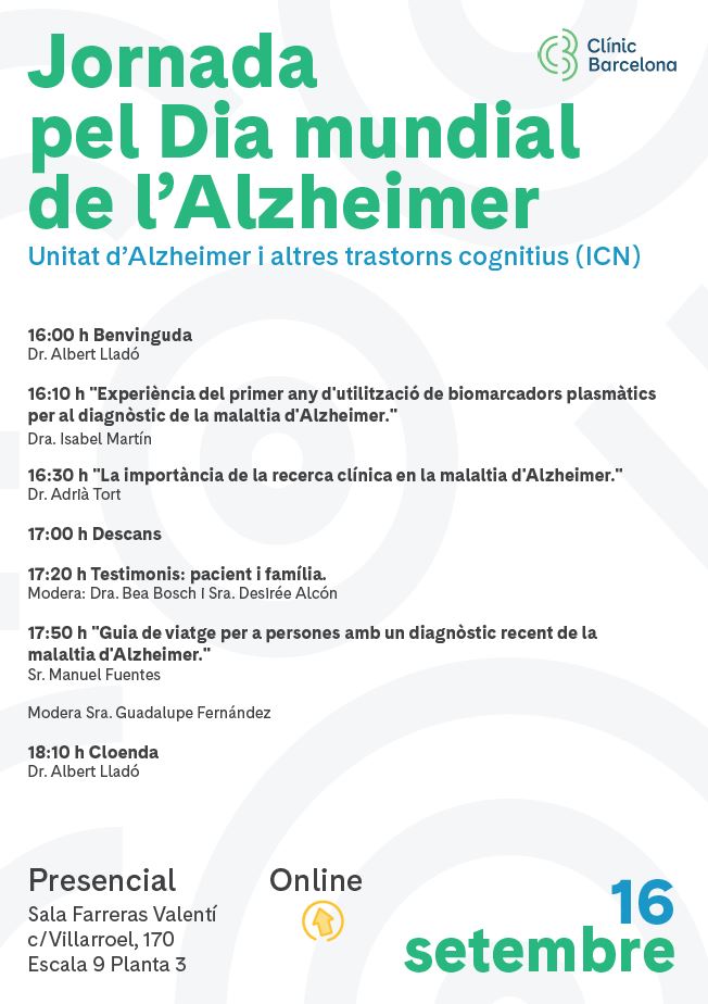 📢 Jornada pel Dia mundial de l’ #Alzheimer

📅 16/9

🧠 Parlarem de: diagnòstic amb biomarcadors, importància de la #recerca, com viatjar amb un diagnòstic recent de la malaltia i també hi haurà testimonis de pacients i famílies 

T’hi esperem! 

ℹ️ clinicbarcelona.org/ca/activitats/…
