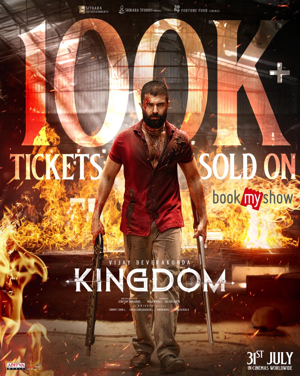 Acing the Box Office in a fiery way 🔥

#Kingdom crosses 100K+ tickets already sold on @BookMyShow and the mania is striking big in every nook and corner 💥💥

#KingdomOnJuly31st