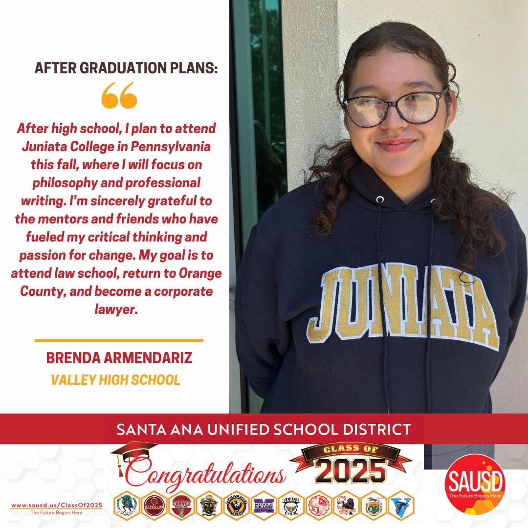 🎓 Congrats to Brenda Armendariz from Valley HS! This fall, she’ll begin her journey @ Juniata College in PA, where she plans to study philosophy &amp; professional writing. Her long-term goal is to attend law school, return to OC &amp; pursue a career as a corporate lawyer #WeAreSAUSD