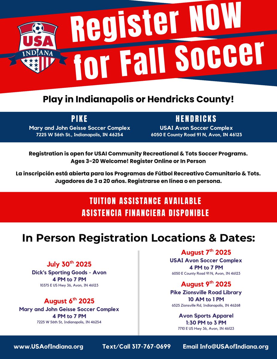 USA of Indiana Youth Soccer (@usaofindiana) on Twitter photo Register for Fall Soccer with <a href="/USAofIndiana/">USA of Indiana Youth Soccer</a> online anytime, or get assistance at In Person Registration on any of the dates listed.
The season begins August 11th! Don't wait to register! More information at usaofindiana.org/programs/rec
#YouthSoccer #WeTeachMoreThanJustTheGame Register for Fall Soccer with <a href="/USAofIndiana/">USA of Indiana Youth Soccer</a> online anytime, or get assistance at In Person Registration on any of the dates listed.
The season begins August 11th! Don't wait to register! More information at usaofindiana.org/programs/rec
#YouthSoccer #WeTeachMoreThanJustTheGame