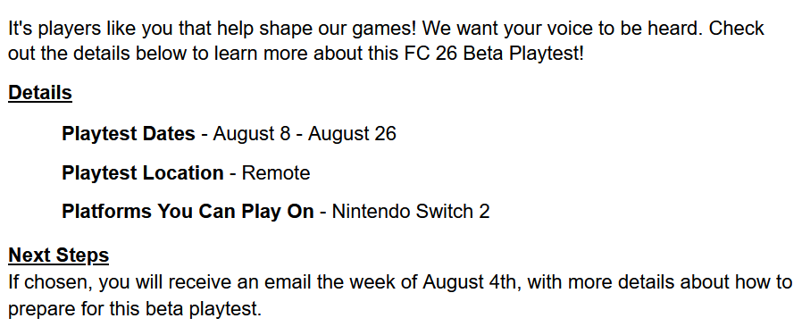 I got an Email about the FC 26 Beta but for the Switch 2.....