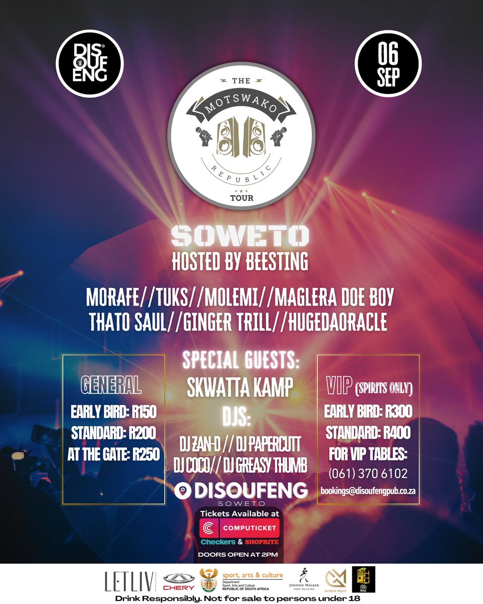 Soweto, we’re bringing our friends, you bring yours. This one will be filled with nostalgic moments. Get your tickets here: computicket-boxoffice.com/e/the-motswako… 
#themotswakorepublictour #motswako #tmrtsoweto #sahiphop