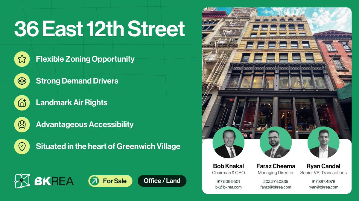 .<a href="/BKRealEstateAdv/">BKREA</a> has been retained on an exclusive basis to arrange the sale of 36 East 12th Street (“The Site”), a mixed-use #development opportunity in the remarkable Greenwich Village neighborhood of #Manhattan. The subject site is located on the south side of East 12th